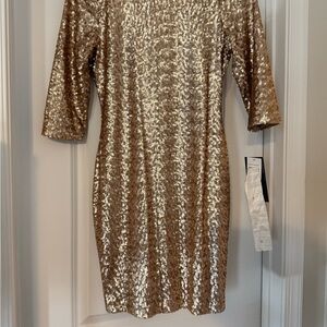 Gold Sequin Sheath Dress with 3/4 Cuffed Sleeves